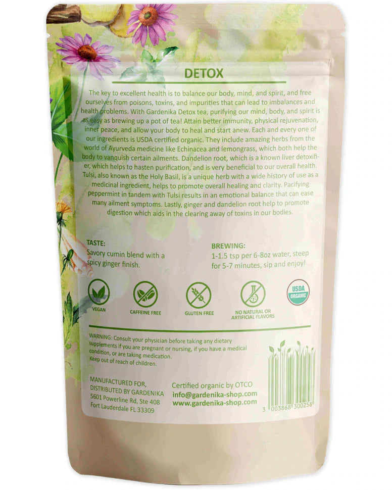 Té de hierbas de hojas sueltas Gardenika Detox, orgánico USDA, sin cafeína - 114 g
