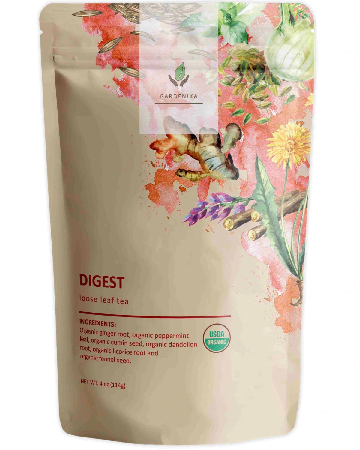 Té de hierbas Gardenika Digest de hojas sueltas, orgánico USDA, sin cafeína - 114 g