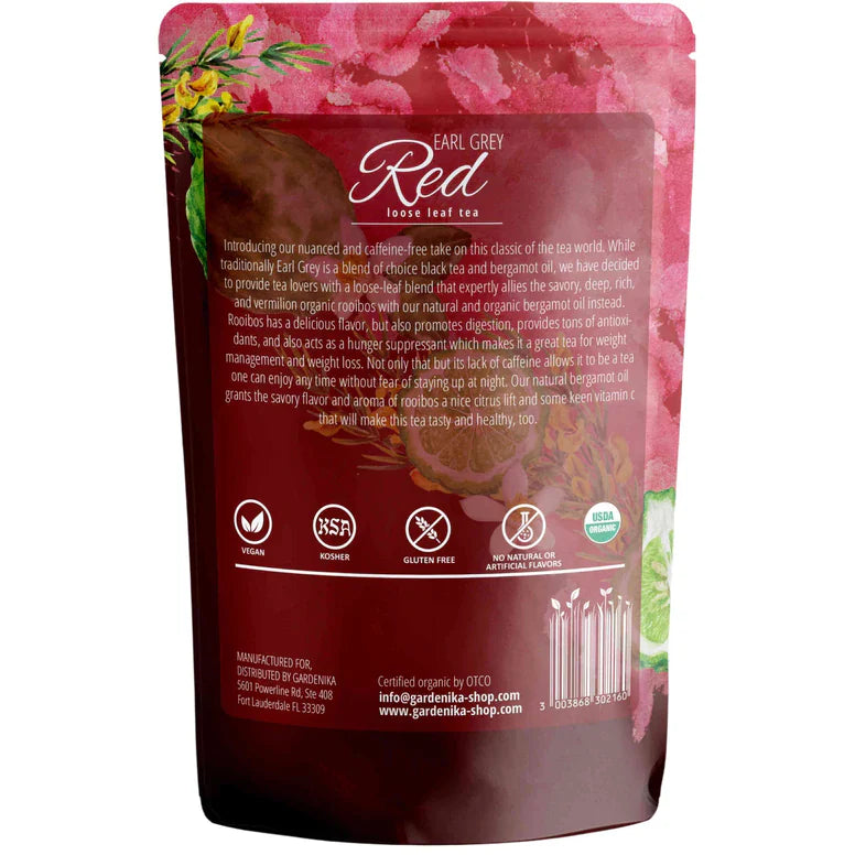 Té rojo Earl Grey Gardenika, hojas sueltas, orgánico USDA, sin cafeína, más de 55 tazas – 113 g (4 oz)