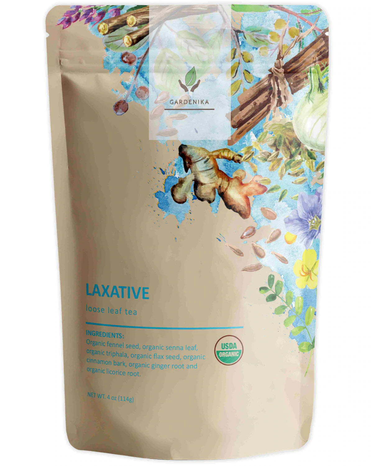 Té de hierbas laxante Gardenika, hojas sueltas, orgánico USDA, sin cafeína - 114 g