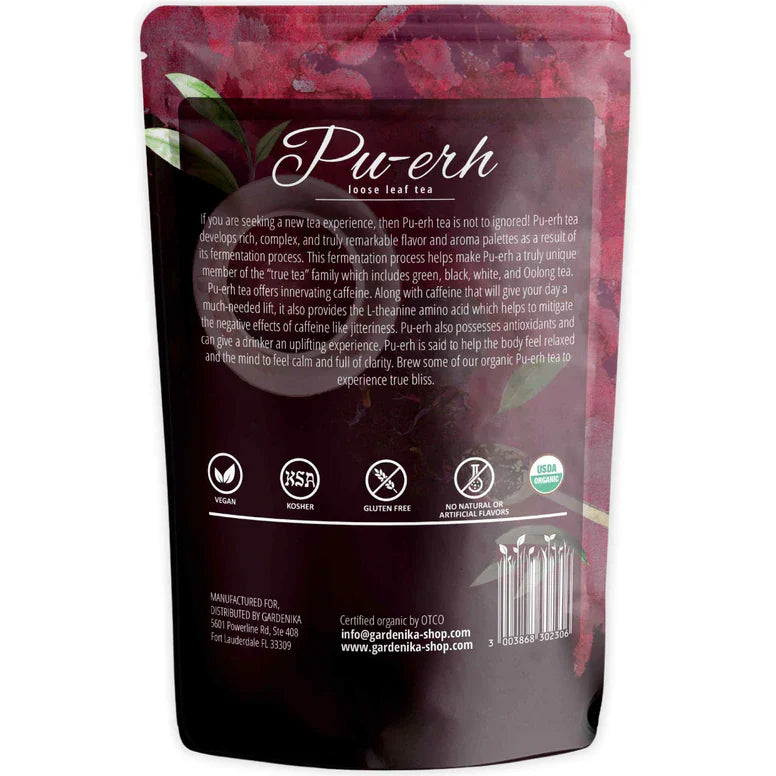 Té Pu-erh Gardenika, hojas sueltas, orgánico USDA, negro chino, 55+ tazas – 113 g (4 oz)