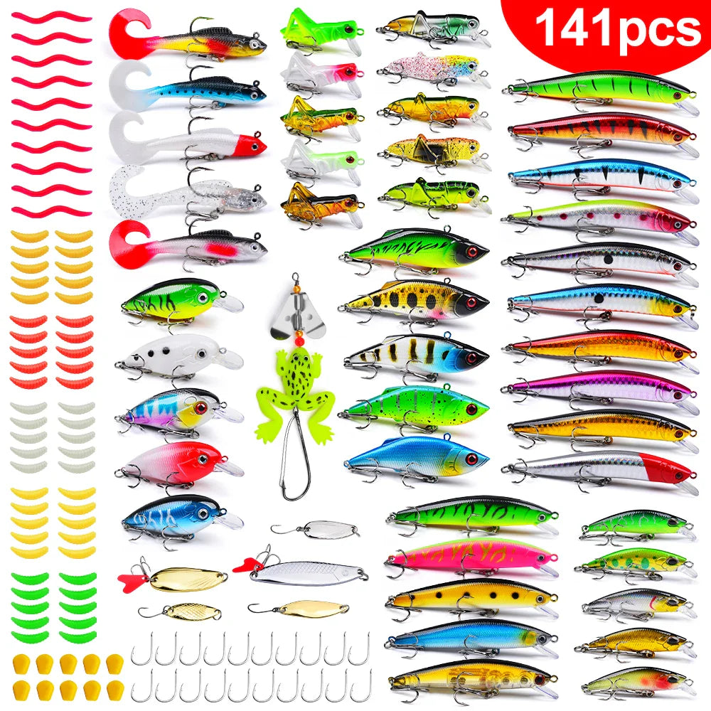 Angelzubehör-Set für Barsch, Forelle, Lachs, weicher Kunststoff-Wurmköder, Wobbler-Köder