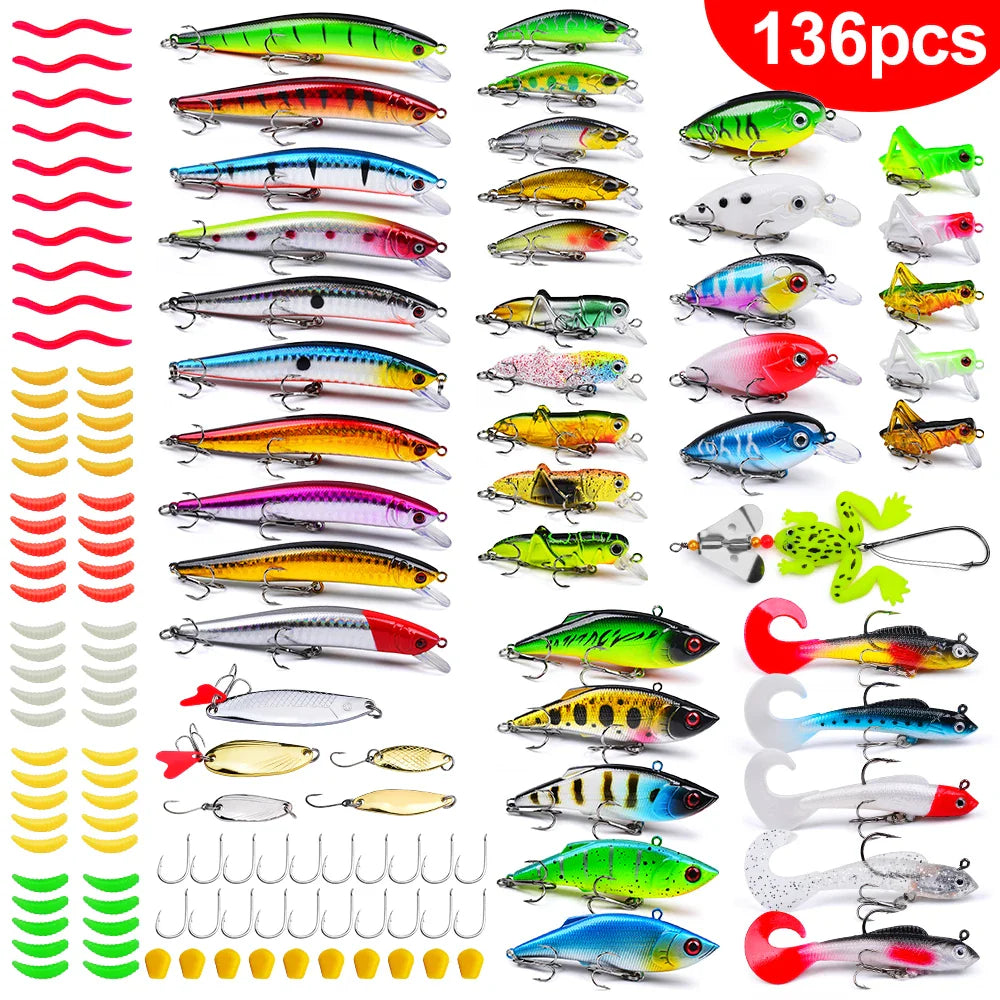 Angelzubehör-Set für Barsch, Forelle, Lachs, weicher Kunststoff-Wurmköder, Wobbler-Köder