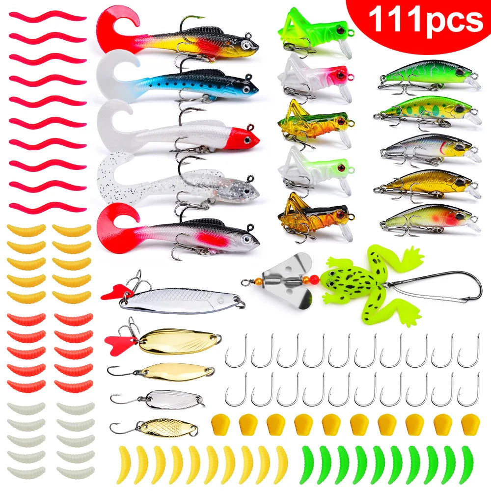 Angelzubehör-Set für Barsch, Forelle, Lachs, weicher Kunststoff-Wurmköder, Wobbler-Köder