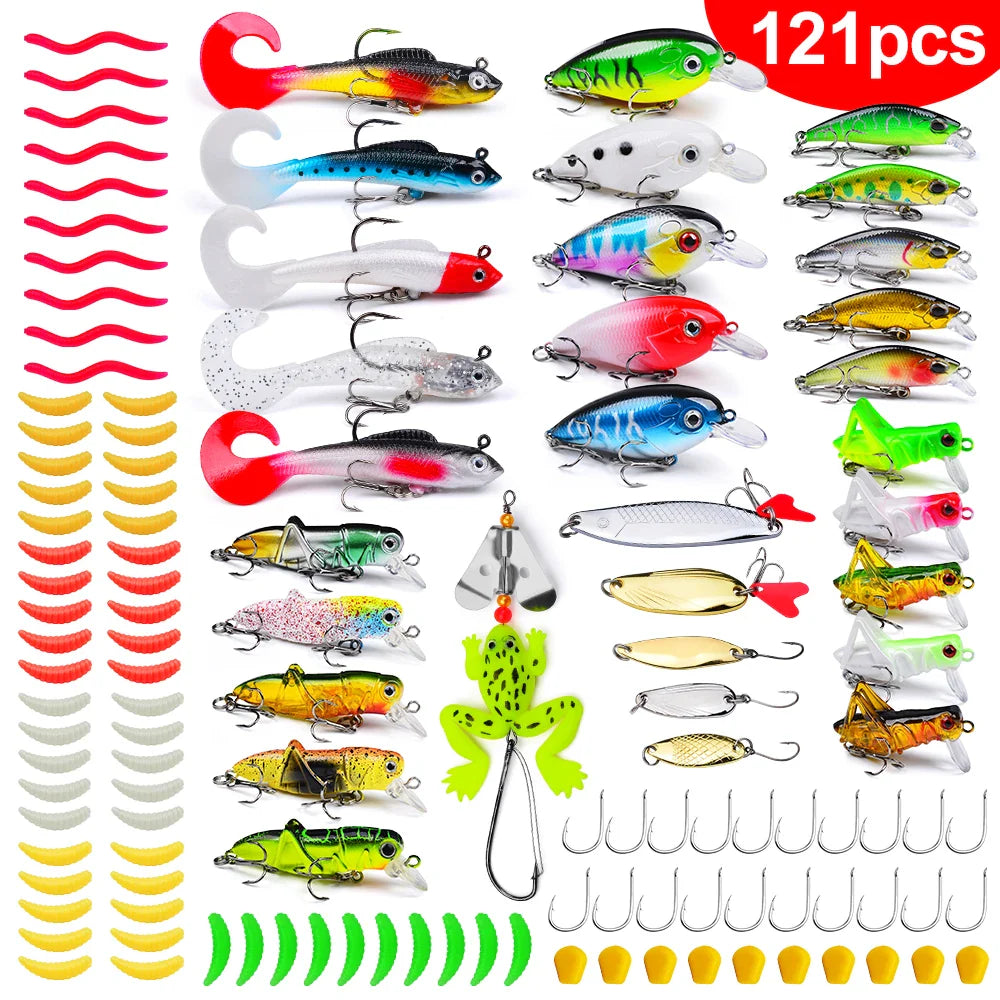Angelzubehör-Set für Barsch, Forelle, Lachs, weicher Kunststoff-Wurmköder, Wobbler-Köder