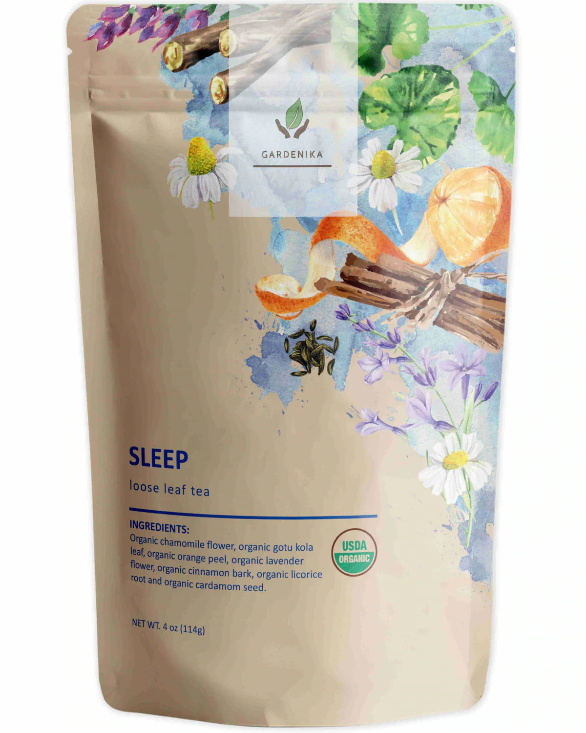 Té de hierbas Gardenika Sleep de hojas sueltas, orgánico USDA, sin cafeína - 114 g
