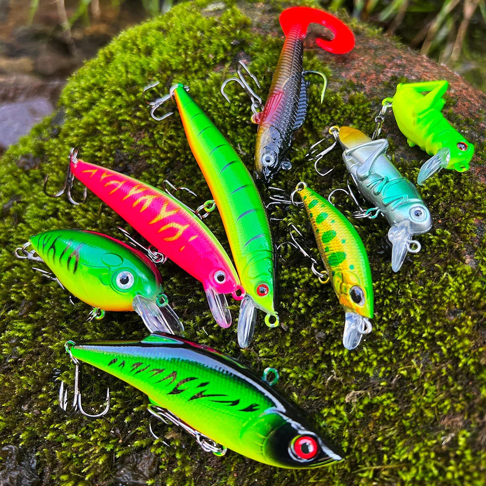 Angelzubehör-Set für Barsch, Forelle, Lachs, weicher Kunststoff-Wurmköder, Wobbler-Köder