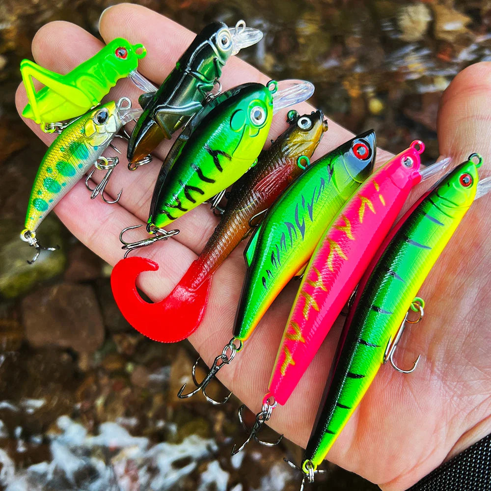 Angelzubehör-Set für Barsch, Forelle, Lachs, weicher Kunststoff-Wurmköder, Wobbler-Köder
