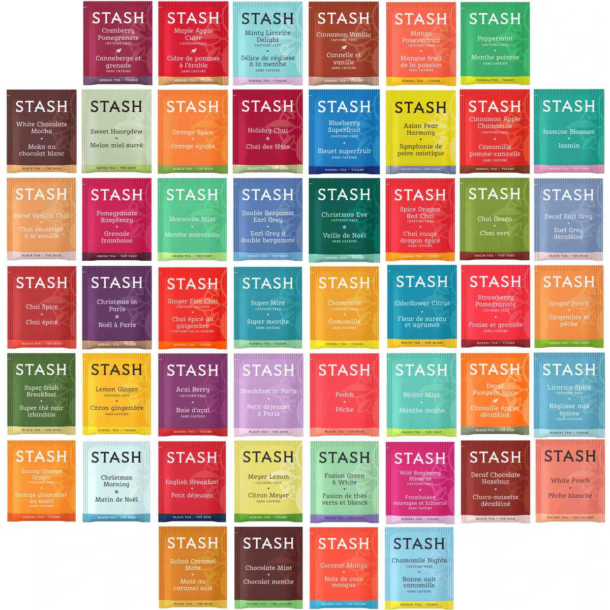Stash Tea Bags Sampler - Caffeinated, Herbal and Decaf - 50 Ct, 50 Flavors
