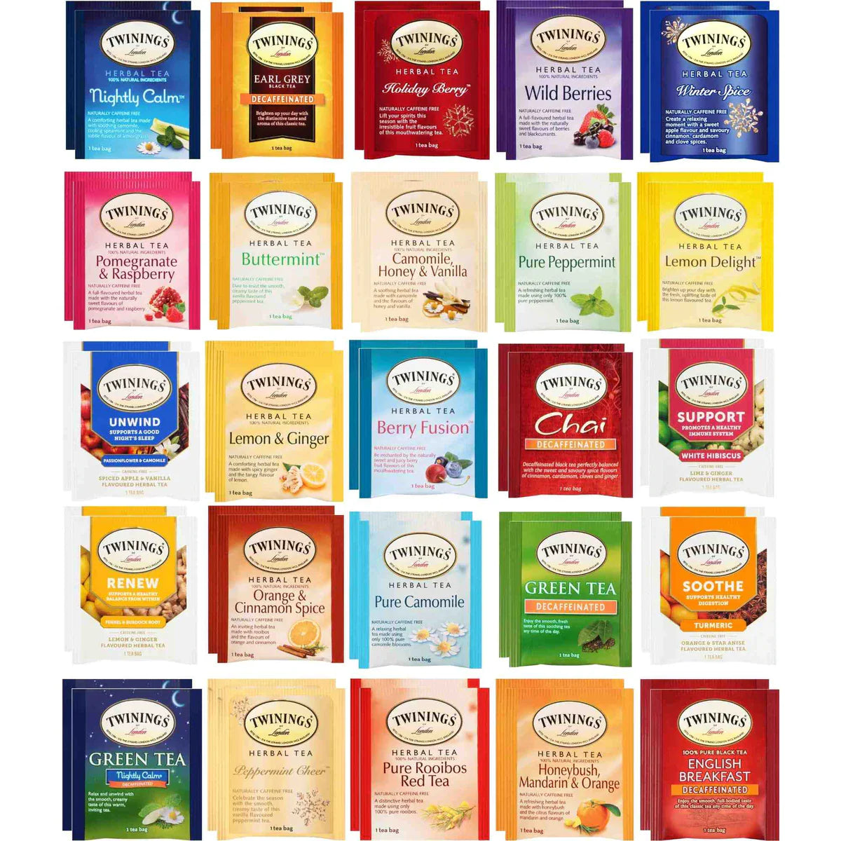Twinings Herbal and Decaf Tea Bags Gift Sampler - 50 Count, 25 Flavors Hookah Flavors