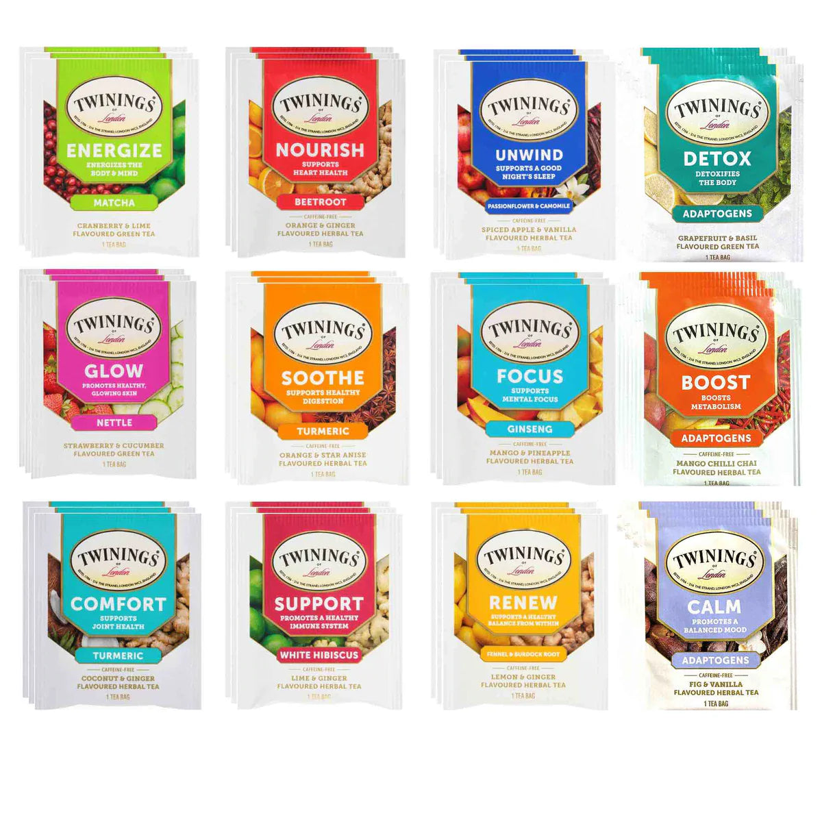 Twinings Wellness and Immunity Tea Bags Sampler - Caffeine Free and Caffeinated Assortment - 36 Count, 12 Flavors Hookah Flavors