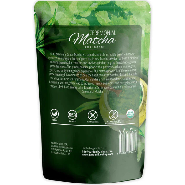 Té verde matcha en polvo de grado ceremonial Gardenika, orgánico certificado por el USDA, para más de 55 porciones – 113 g (4 oz)