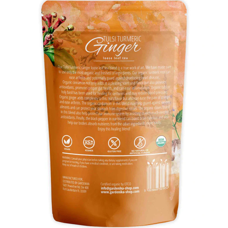 Té Gardenika de tulsi, cúrcuma y jengibre, hojas sueltas, orgánico USDA, mezcla de superalimentos sin cafeína, más de 55 tazas - 113 g (4 oz)