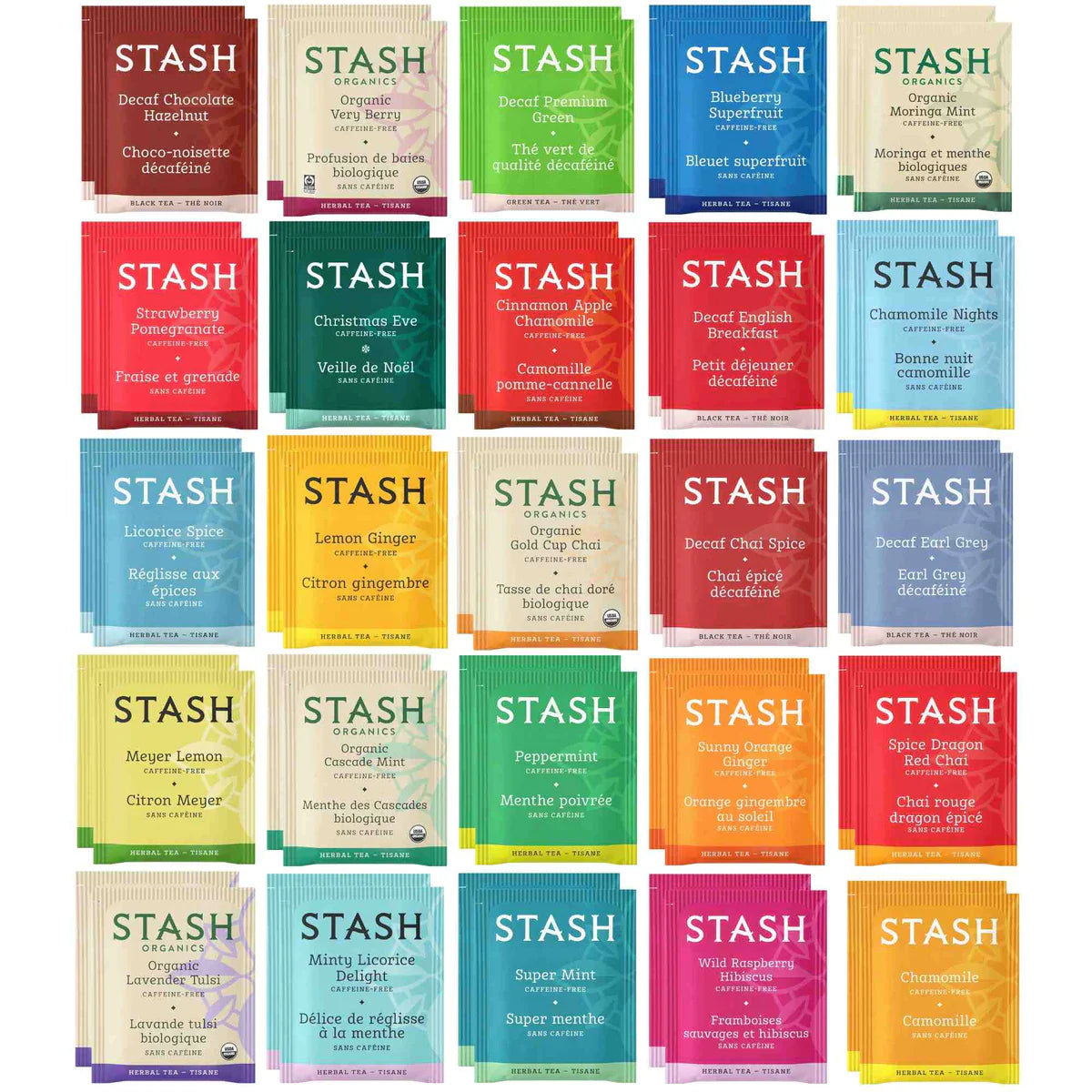 Stash Herbal and Decaf Tea Bags Sampler - Caffeine Free - 50 Ct, 25 Flavors