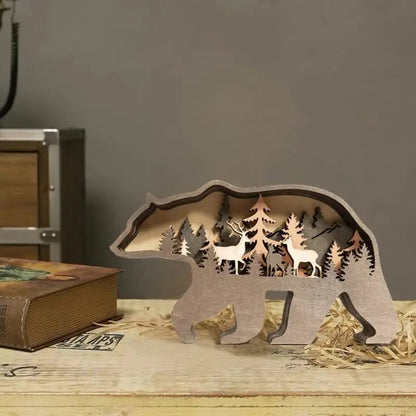 Multi Layer 3D Bear Wooden Carfts Wall Statue Freestanding Art Decor with Lights mysite