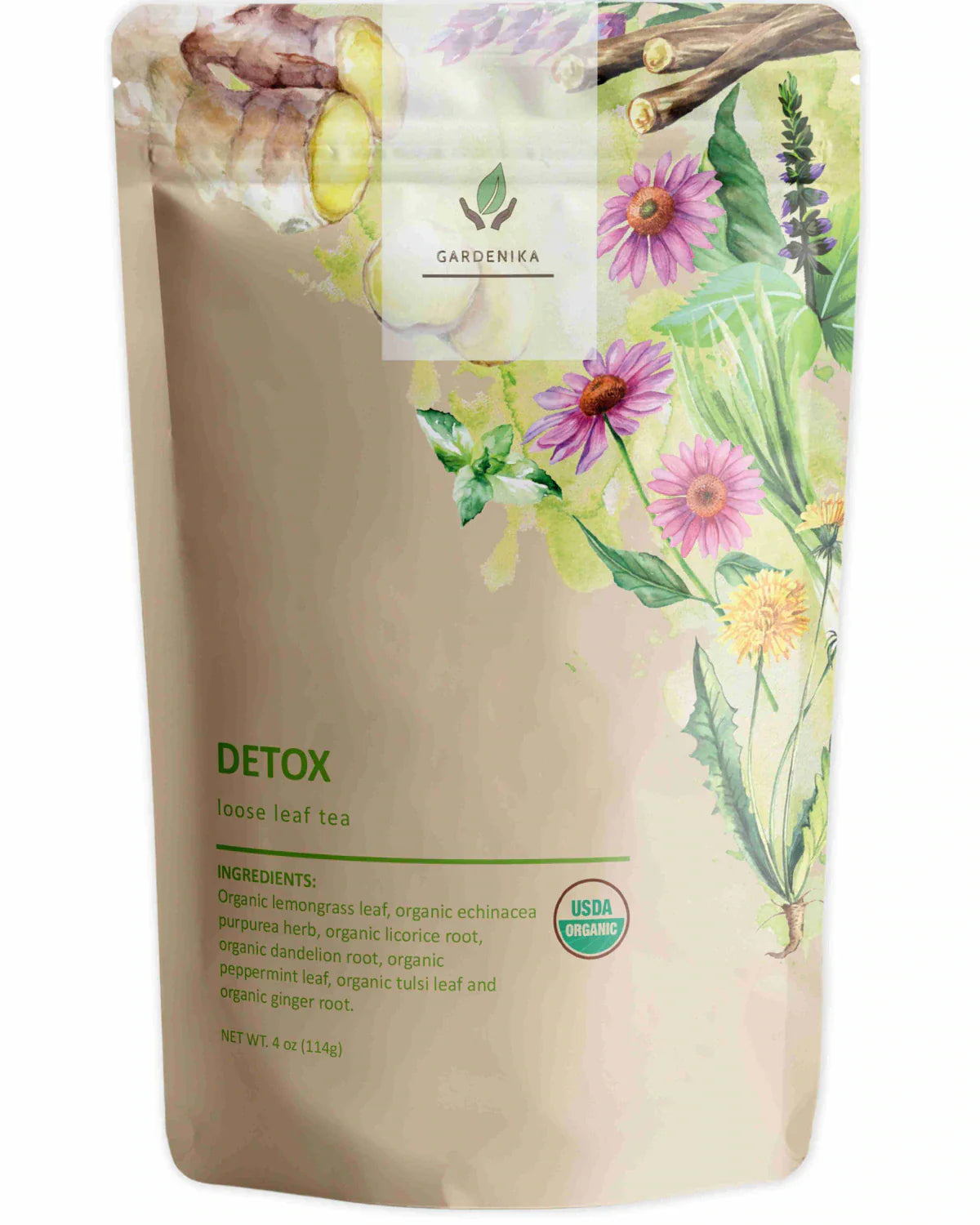Té de hierbas de hojas sueltas Gardenika Detox, orgánico USDA, sin cafeína - 114 g