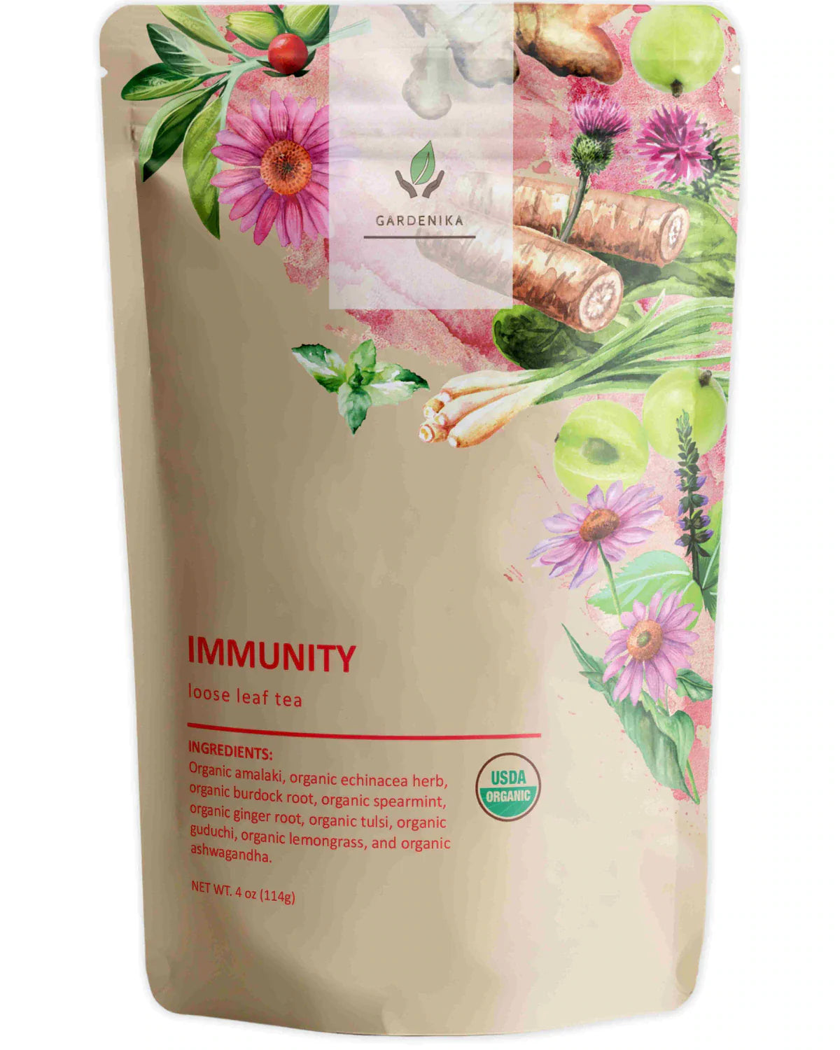 Té de hierbas Gardenika Immunity de hojas sueltas, orgánico certificado por el USDA, sin cafeína - 114 g