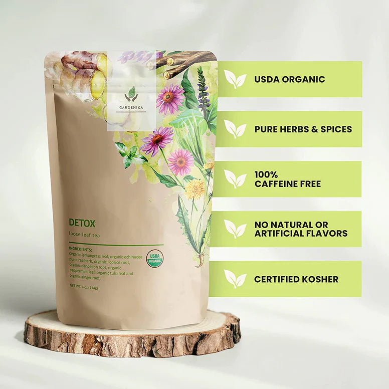 Té de hierbas de hojas sueltas Gardenika Detox, orgánico USDA, sin cafeína - 114 g