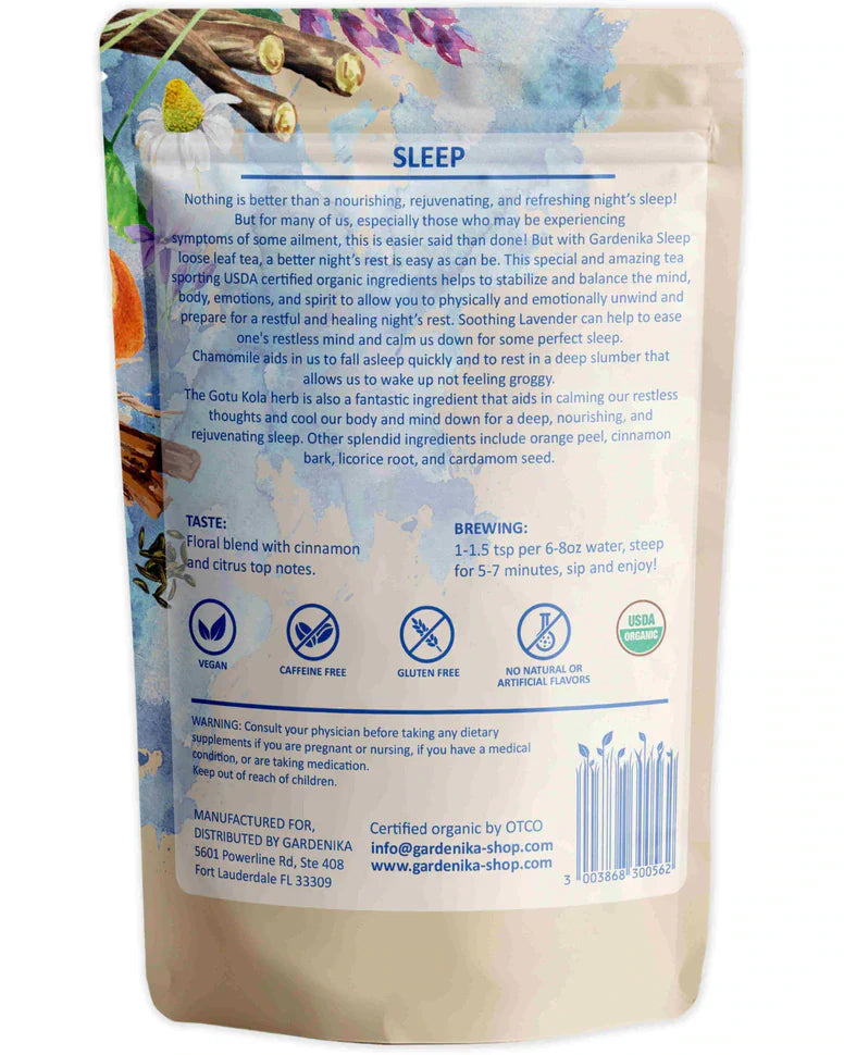 Té de hierbas Gardenika Sleep de hojas sueltas, orgánico USDA, sin cafeína - 114 g
