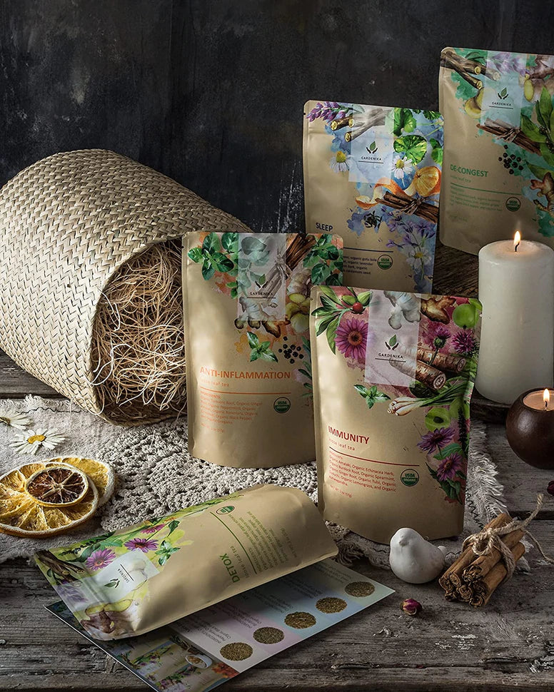 Gardenika Geschenkset mit losen Kräutertees, USDA-Bio, koffeinfrei, ayurvedisch, Wellness &amp; Immununterstützung, 120+ Tassen – 5er-Pack 
